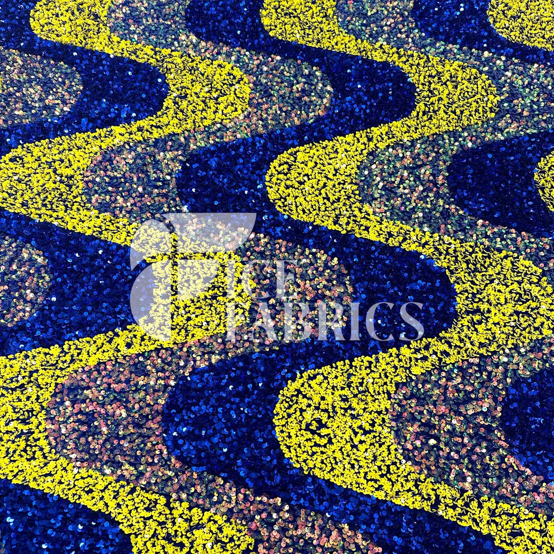 Wavy Yellow Royal on Blue Stretch Velvet Sequin Fabric