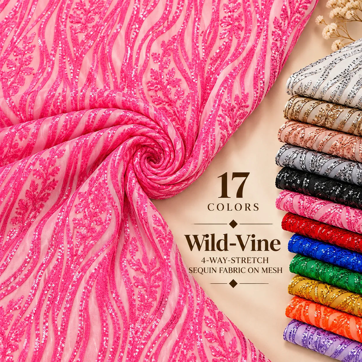 Wild Vine 4 Way Stretch Sequin Fabric on Mesh