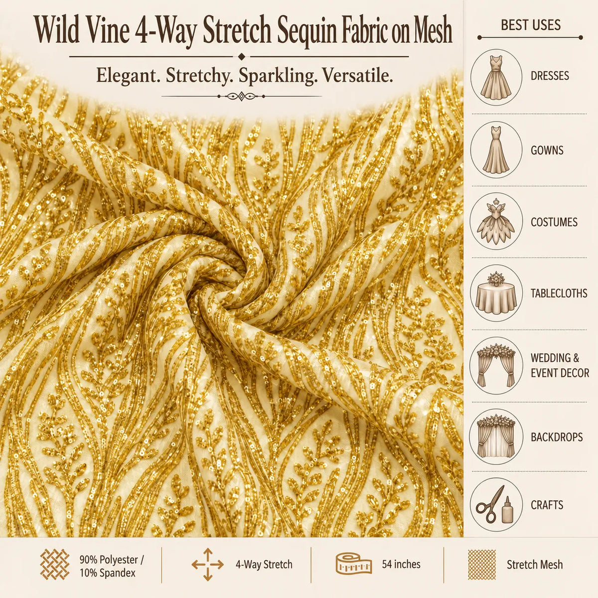 Wild Vine 4 Way Stretch Sequin Fabric on Mesh
