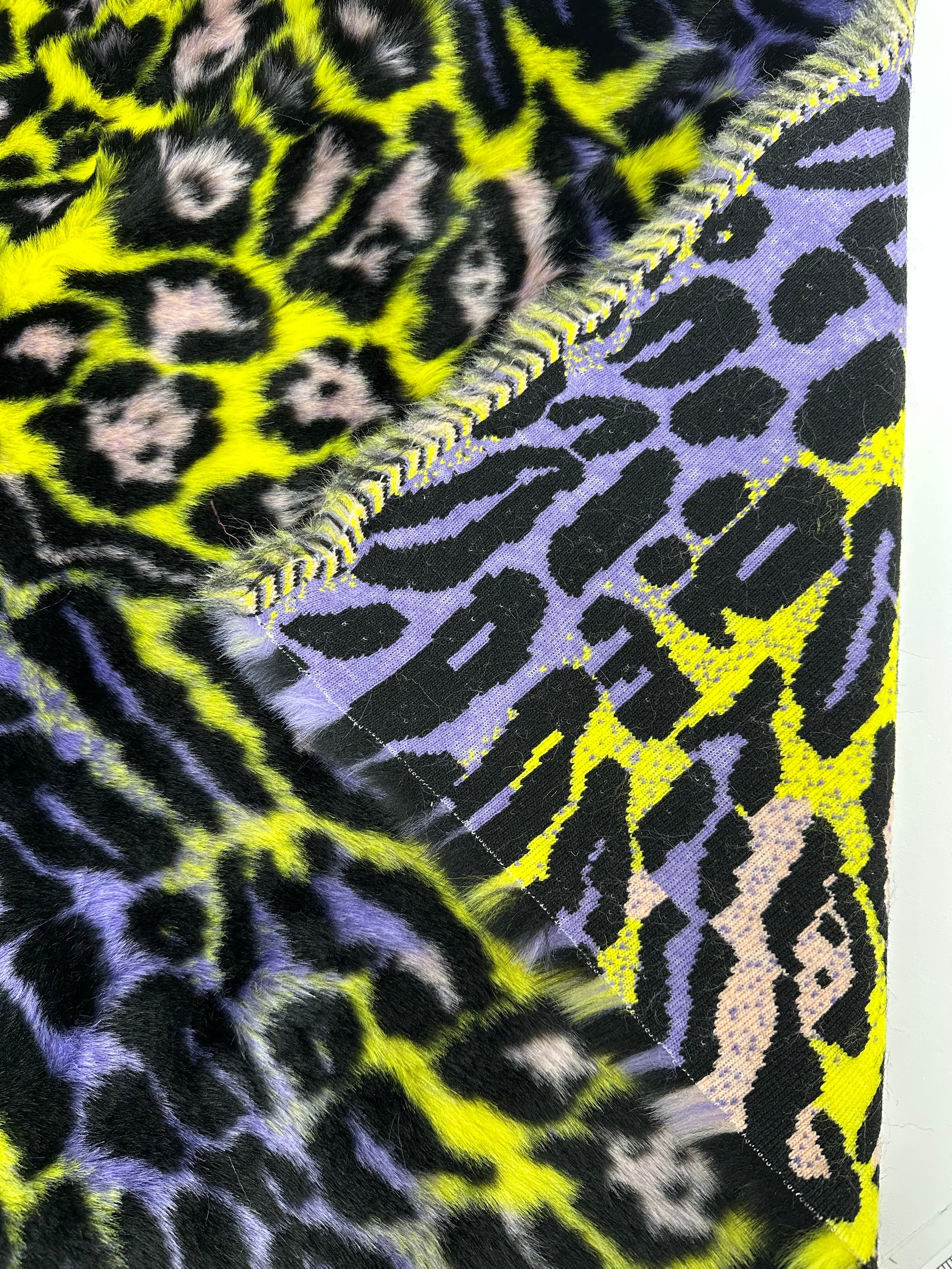 Yellow Blue Leopard Short pile Faux Fur Fabric By The Yard