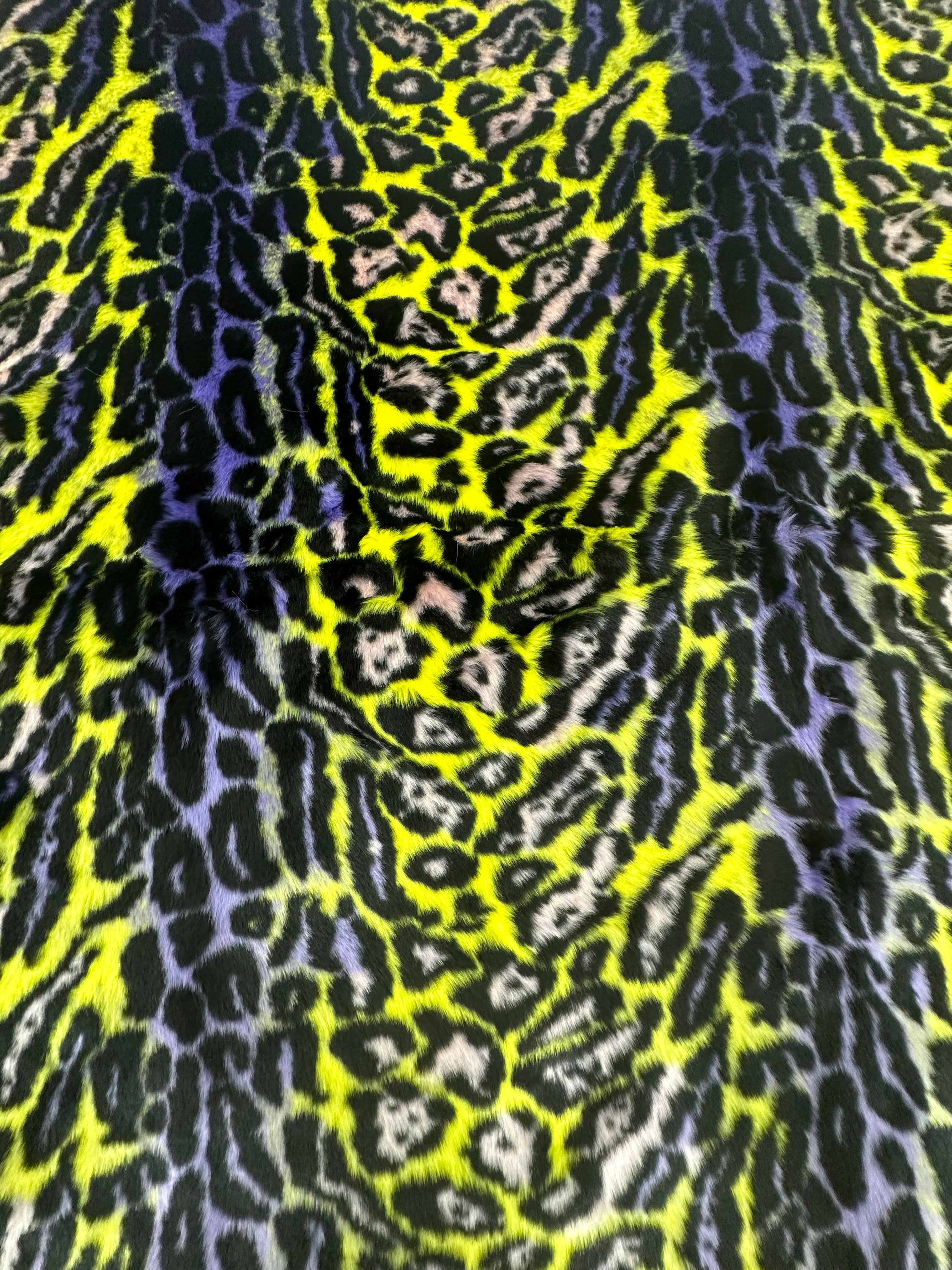 Yellow Blue Leopard Short pile Faux Fur Fabric By The Yard