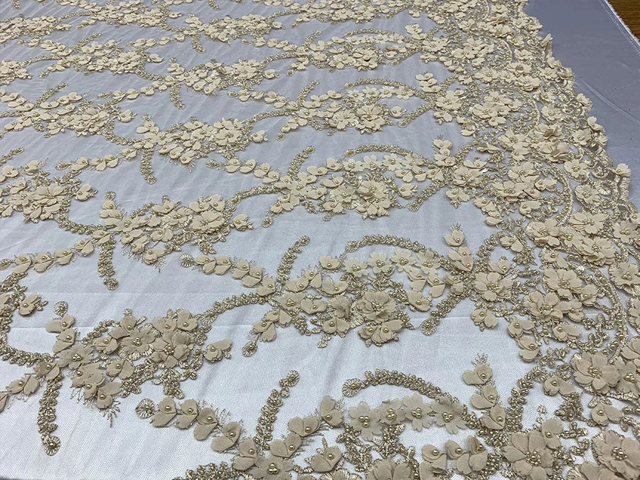 3D Beaded Flowers Bridal Embroidery Mesh Lace Fabric By The YardICEFABRICICE FABRICSLavender3D Beaded Flowers Bridal Embroidery Mesh Lace Fabric By The Yard ICEFABRIC |Champagne