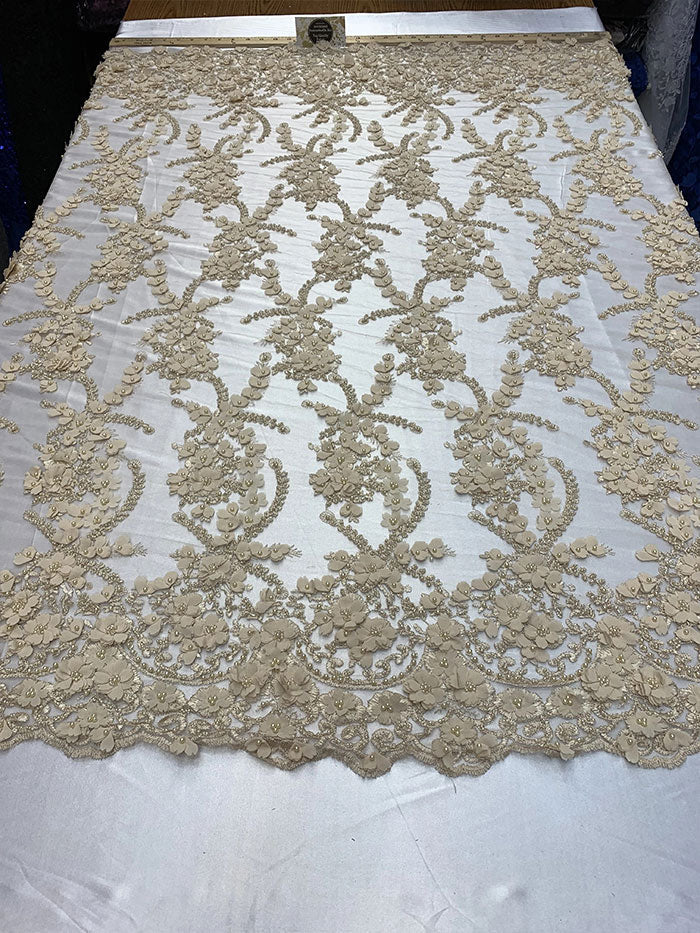 3D Beaded Flowers Bridal Embroidery Mesh Lace Fabric By The YardICEFABRICICE FABRICSChampagne3D Beaded Flowers Bridal Embroidery Mesh Lace Fabric By The Yard ICEFABRIC |Champagne