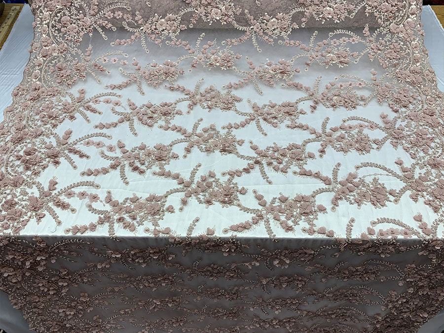 3D Beaded Flowers Bridal Embroidery Mesh Lace Fabric By The YardICEFABRICICE FABRICSChampagne3D Beaded Flowers Bridal Embroidery Mesh Lace Fabric By The Yard ICEFABRIC |Dusty Rose
