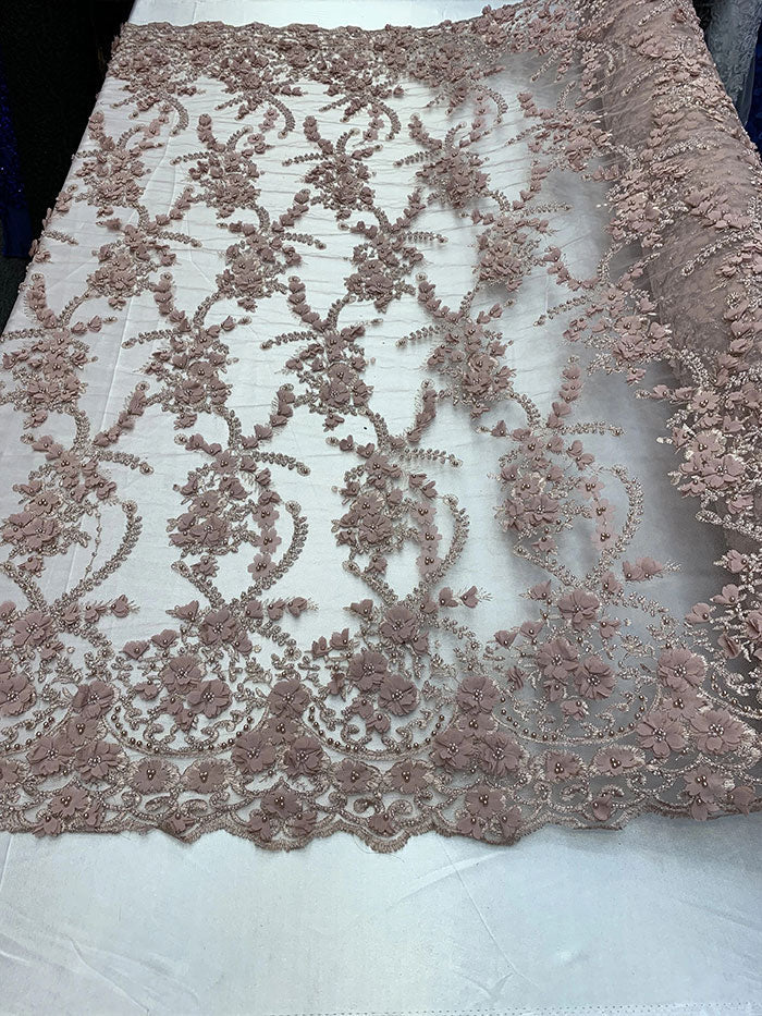 3D Beaded Flowers Bridal Embroidery Mesh Lace Fabric By The YardICEFABRICICE FABRICSChampagne3D Beaded Flowers Bridal Embroidery Mesh Lace Fabric By The Yard ICEFABRIC |Dusty Rose