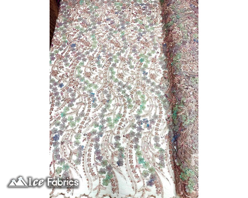 3D Flowers Floral Beaded Fabric | Sequin Lace on MeshICE FABRICSICE FABRICSDusty RoseBy The Yard (50" Wide)3D Flowers Floral Beaded Fabric | Sequin Lace on Mesh