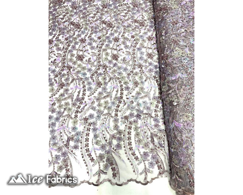 3D Flowers Floral Beaded Fabric | Sequin Lace on MeshICE FABRICSICE FABRICSLavenderBy The Yard (50" Wide)3D Flowers Floral Beaded Fabric | Sequin Lace on Mesh