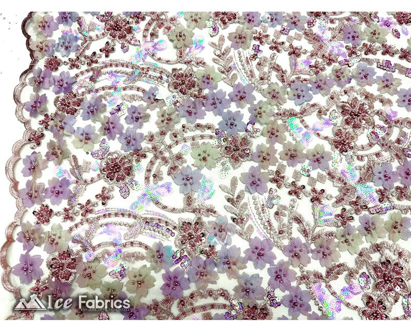 3D Flowers Floral Beaded Fabric | Sequin Lace on MeshICE FABRICSICE FABRICSLavenderBy The Yard (50" Wide)3D Flowers Floral Beaded Fabric | Sequin Lace on Mesh