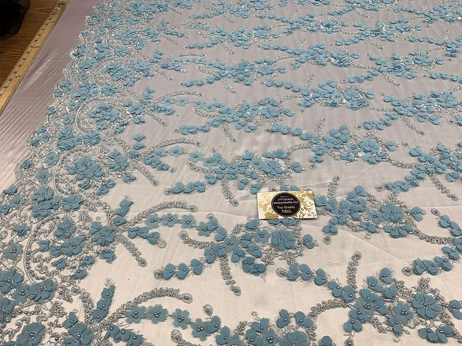 3D Beaded Flowers Bridal Embroidery Mesh Lace Fabric By The YardICEFABRICICE FABRICSLight Blue3D Beaded Flowers Bridal Embroidery Mesh Lace Fabric By The Yard ICEFABRIC |Light Blue