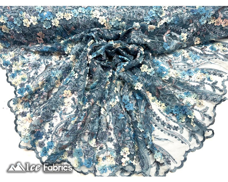 3D Flowers Floral Beaded Fabric | Sequin Lace on MeshICE FABRICSICE FABRICSLight BlueBy The Yard (50" Wide)3D Flowers Floral Beaded Fabric | Sequin Lace on Mesh