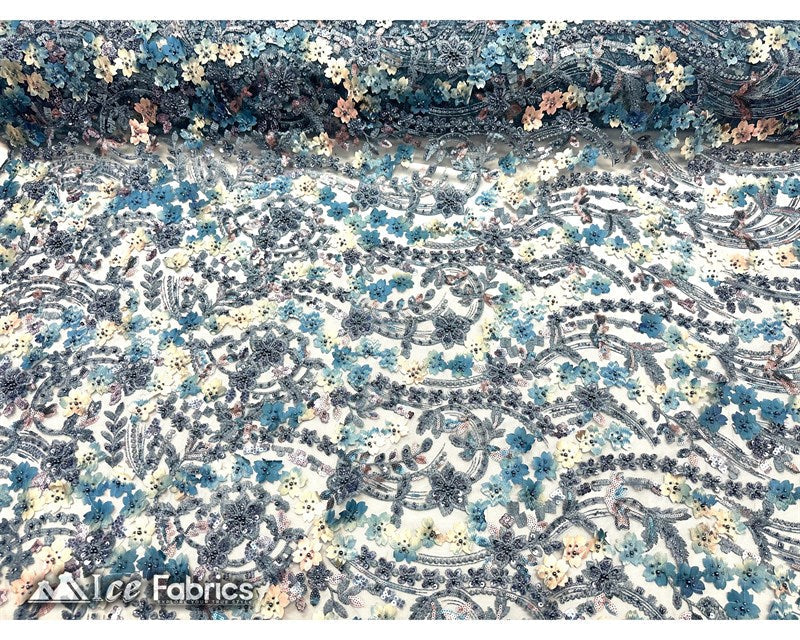 3D Flowers Floral Beaded Fabric | Sequin Lace on MeshICE FABRICSICE FABRICSLight BlueBy The Yard (50" Wide)3D Flowers Floral Beaded Fabric | Sequin Lace on Mesh