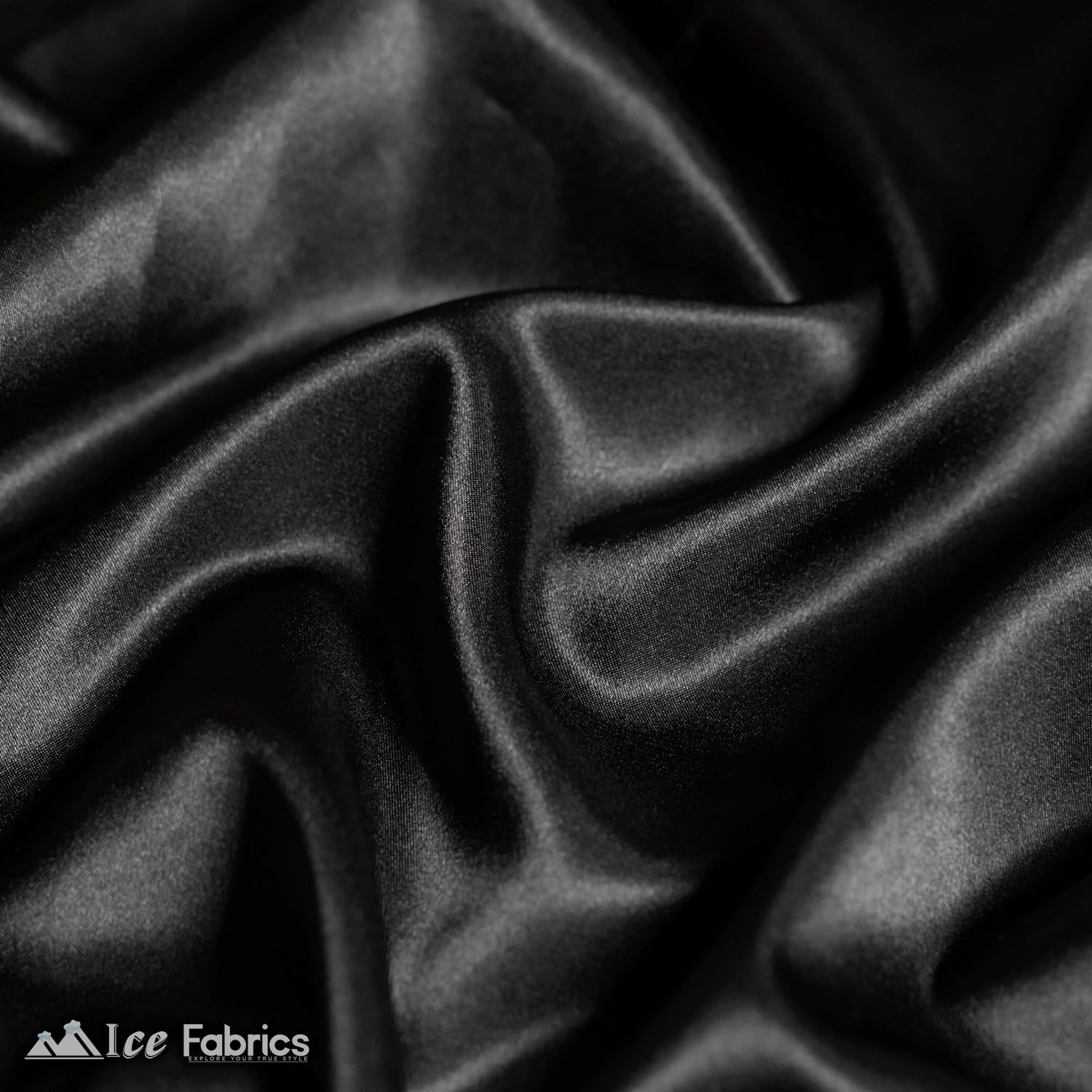 New Shiny Black Charmeuse Stretch Satin FabricICE FABRICSICE FABRICSBy The Yard (60" Wide)New Shiny Black Charmeuse Stretch Satin Fabric