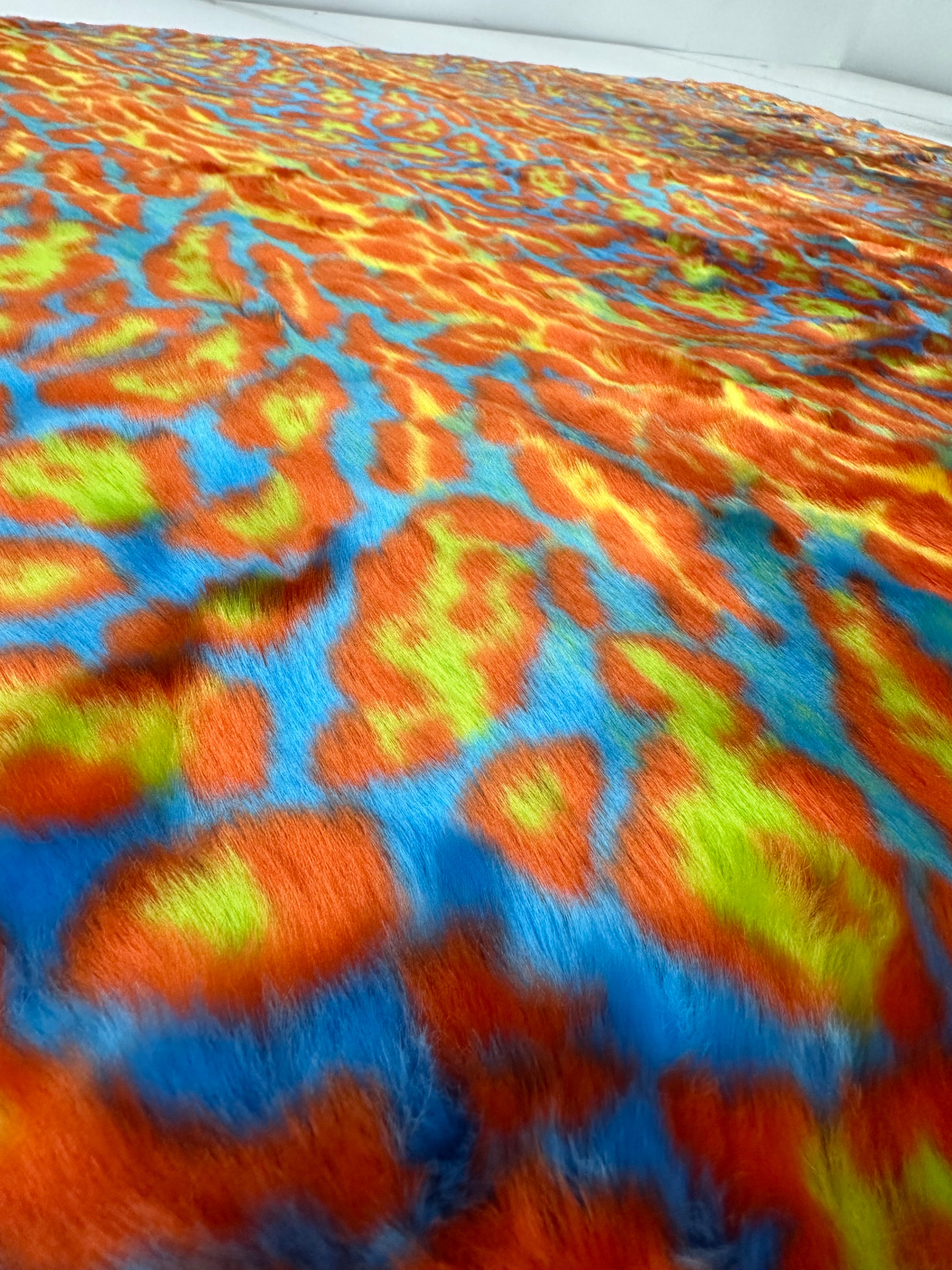 Orange Yellow - Turquoise Leopard Short pile Faux Fur Fabric By The Yard