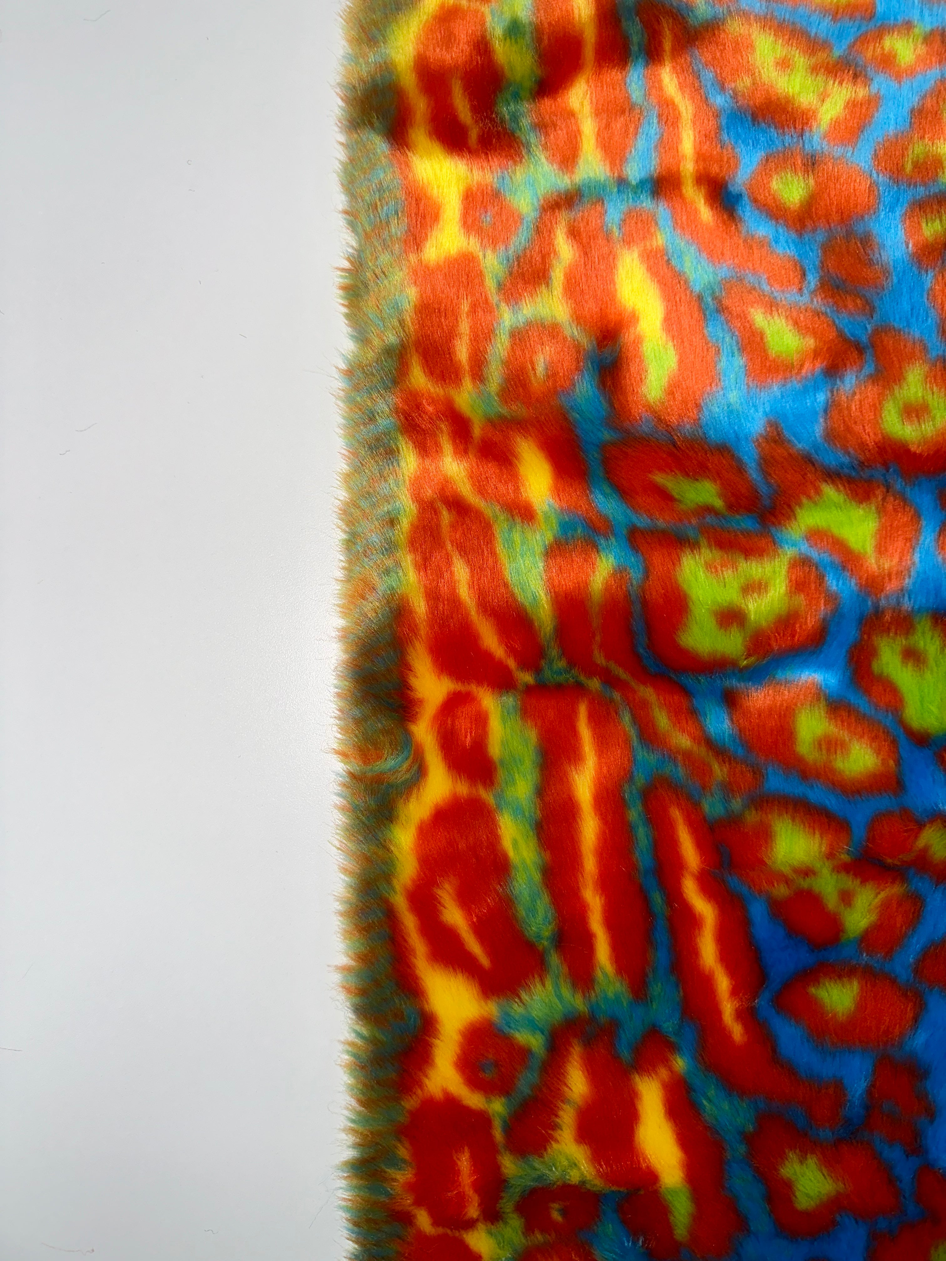 Orange Yellow - Turquoise Leopard Short pile Faux Fur Fabric By The Yard