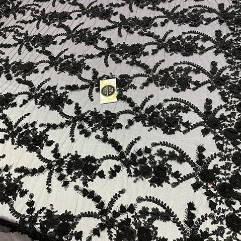 3D Beaded Flowers Bridal Embroidery Mesh Lace Fabric By The YardICEFABRICICE FABRICSBlack3D Beaded Flowers Bridal Embroidery Mesh Lace Fabric By The Yard ICEFABRIC | Black