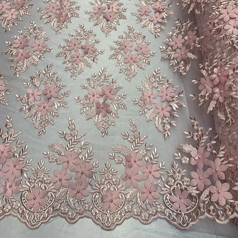 3D Flowers Embroidered Bridal Beaded Mesh Lace Wedding FabricICEFABRICICE FABRICSPink3D Flowers Embroidered Bridal Beaded Mesh Lace Wedding Fabric ICEFABRIC |Pink