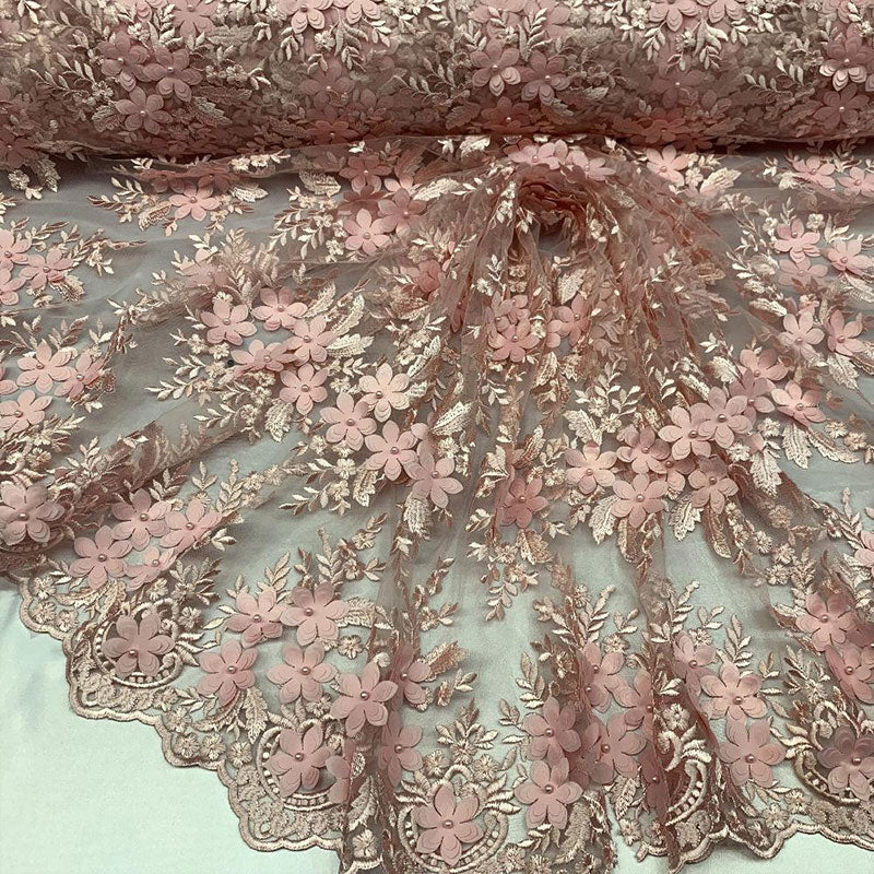 3D Flowers Embroidered Bridal Beaded Mesh Lace Wedding FabricICEFABRICICE FABRICSPink3D Flowers Embroidered Bridal Beaded Mesh Lace Wedding Fabric ICEFABRIC |Pink