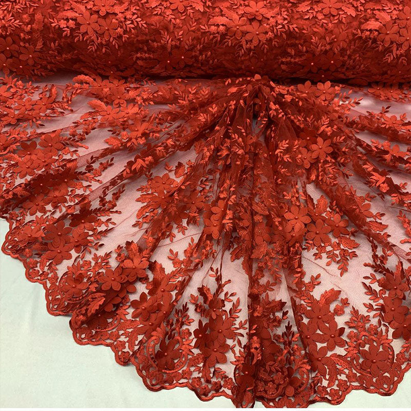 3D Flowers Embroidered Bridal Beaded Mesh Lace Wedding FabricICEFABRICICE FABRICSRed3D Flowers Embroidered Bridal Beaded Mesh Lace Wedding Fabric ICEFABRIC |Red