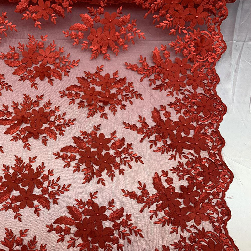 3D Flowers Embroidered Bridal Beaded Mesh Lace Wedding FabricICEFABRICICE FABRICSRed3D Flowers Embroidered Bridal Beaded Mesh Lace Wedding Fabric ICEFABRIC |Red