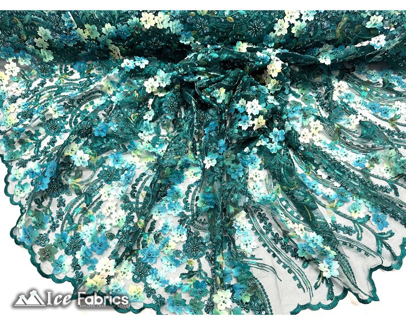 3D Flowers Floral Beaded Fabric | Sequin Lace on MeshICE FABRICSICE FABRICSTeal GreenBy The Yard (50" Wide)3D Flowers Floral Beaded Fabric | Sequin Lace on Mesh