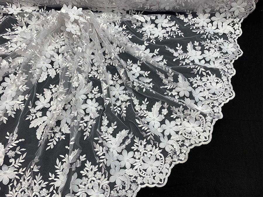 3D Flowers Embroidered Bridal Beaded Mesh Lace Wedding FabricICEFABRICICE FABRICSWhite3D Flowers Embroidered Bridal Beaded Mesh Lace Wedding Fabric ICEFABRIC |White