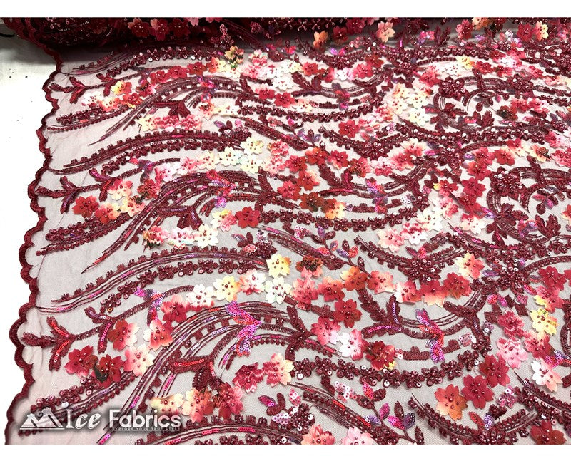 3D Flowers Floral Beaded Fabric | Sequin Lace on MeshICE FABRICSICE FABRICSWine RedBy The Yard (50" Wide)3D Flowers Floral Beaded Fabric | Sequin Lace on Mesh