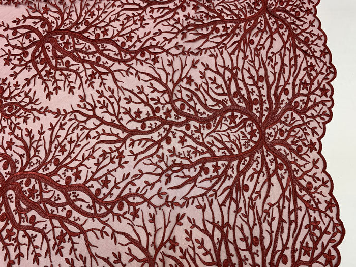 Tree Design Floral Embroidered Mesh Lace Fabric Sold By The YardICEFABRICICE FABRICSBurgundyTree Design Floral Embroidered Mesh Lace Fabric Sold By The Yard ICEFABRIC