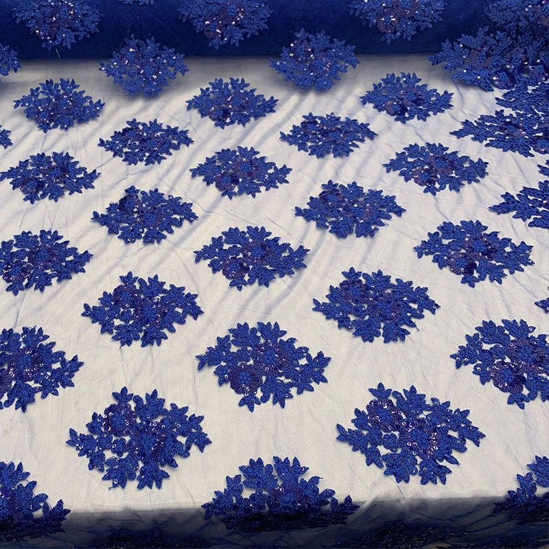 Embroidered Corded Metallic Flowers On Mesh Lace Fabric With Sequins ICEFABRIC Royal Blue