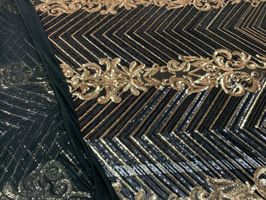 Nadia 4 Way Stretch Sequin Spandex Embroidered Fabric Sold By The YardICE FABRICSICE FABRICSBlack Gold On Black Mesh1 YardNadia 4 Way Stretch Sequin Spandex Embroidered Fabric Sold By The Yard ICE FABRICS