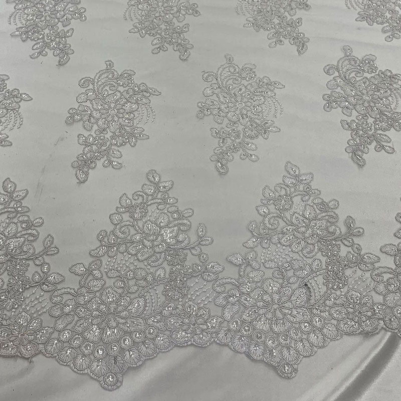 Embroidered Mesh lace Floral Design Fabric With Sequins By The Yard ICEFABRIC White