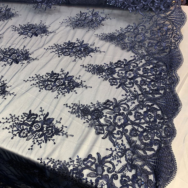 Hand Made Mesh Floral Lace Embroidery Fabric By The Yard ICEFABRIC Navy Blue