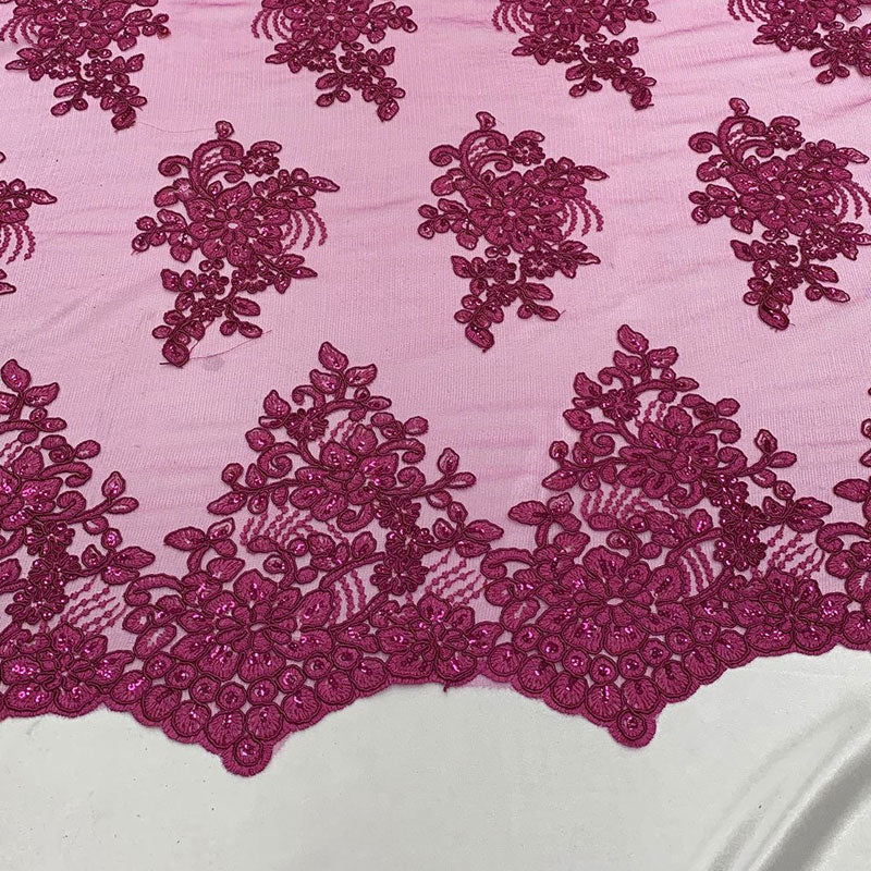 Embroidered Mesh lace Floral Design Fabric With Sequins By The YardICEFABRICICE FABRICSWhiteEmbroidered Mesh lace Floral Design Fabric With Sequins By The Yard ICEFABRIC Fuchsia