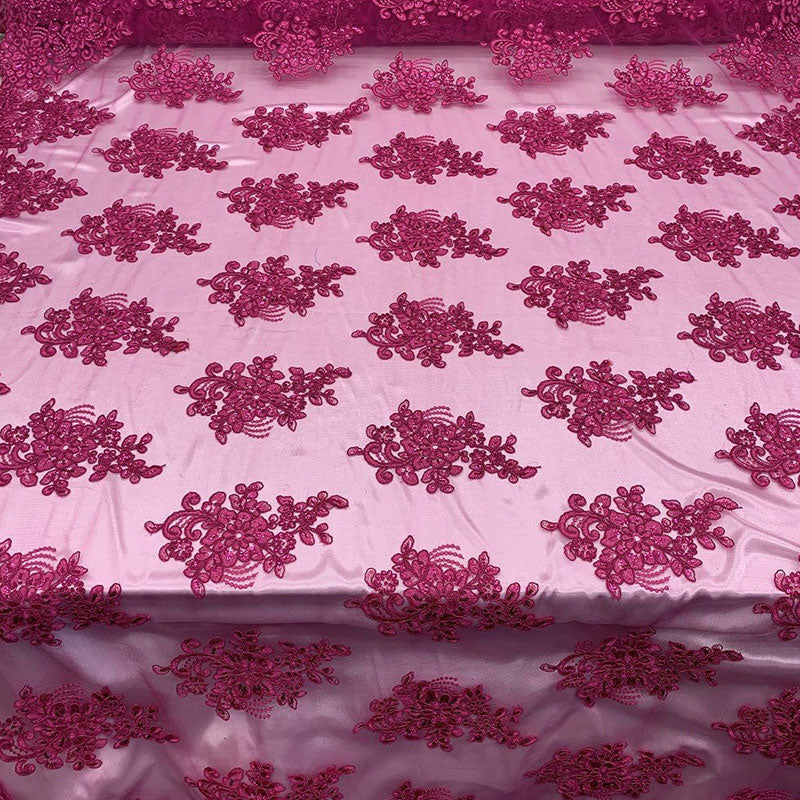 Embroidered Mesh lace Floral Design Fabric With Sequins By The YardICEFABRICICE FABRICSFuchsiaEmbroidered Mesh lace Floral Design Fabric With Sequins By The Yard ICEFABRIC Fuchsia