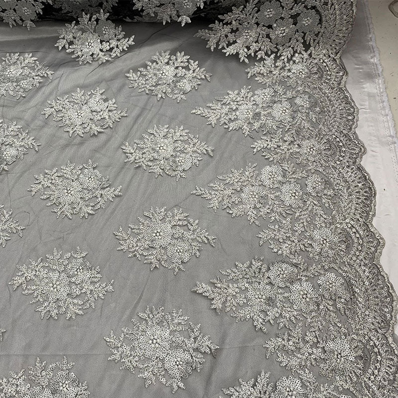 Embroidered Corded Metallic Flowers On Mesh Lace Fabric With Sequins ICEFABRIC Black/White
