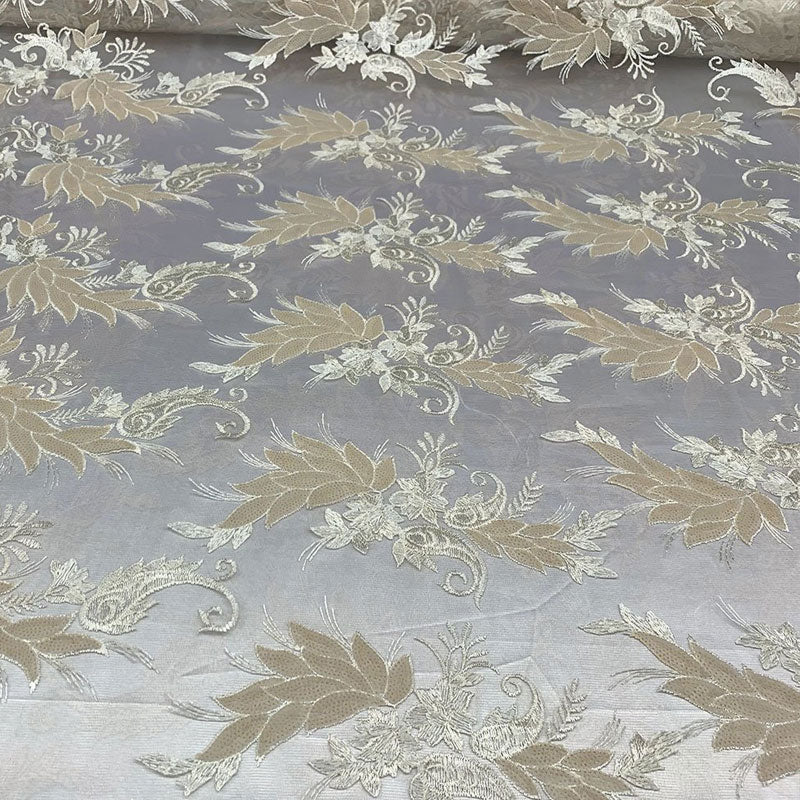 Handmade Floral Mesh Lace Embroidered Fabric By The Yard ICEFABRIC Cream/Ivory
