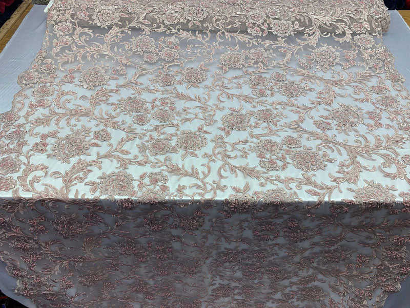 Hand Beaded Lace Fabric - Embroidery Floral Lace With Sequins And Flowers ICE FABRICS Dusty Rose