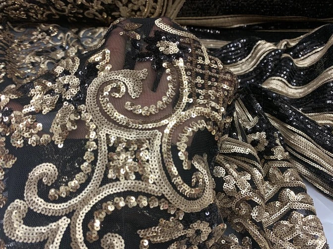 Elegant New Casino Design Embroidered 4 Way Nude Mesh Spandex Stretchy Sequin Fabric ICEFABRIC Black&Gold