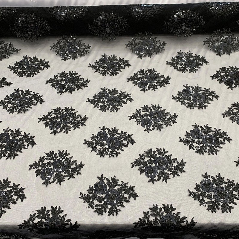 Embroidered Corded Metallic Flowers On Mesh Lace Fabric With Sequins ICEFABRIC Black