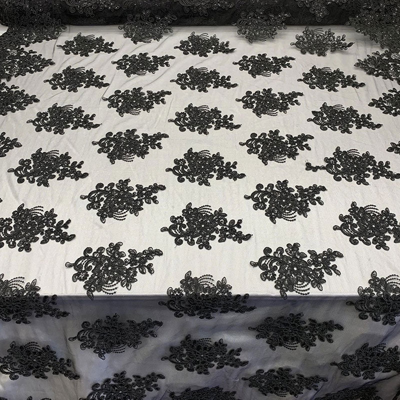 Embroidered Mesh lace Floral Design Fabric With Sequins By The YardICEFABRICICE FABRICSBlackEmbroidered Mesh lace Floral Design Fabric With Sequins By The Yard ICEFABRIC Black