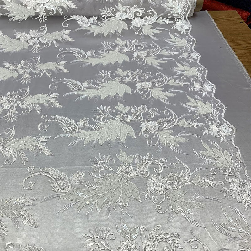 Handmade Floral Mesh Lace Embroidered Fabric By The Yard ICEFABRIC White