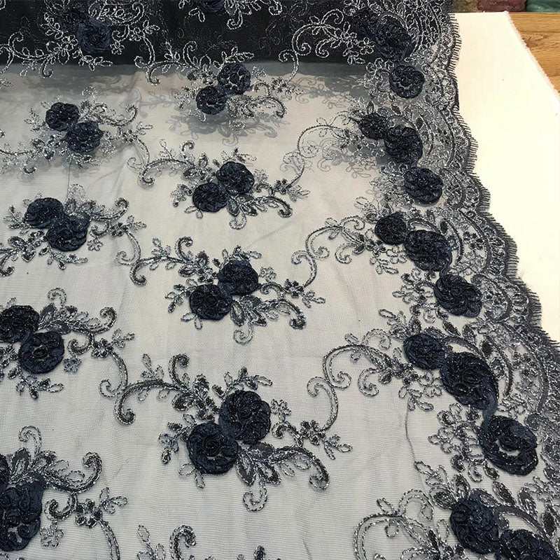 Embroidered Mesh Lace Flower Design With Sequins FabricICEFABRICICE FABRICSNavy BlueEmbroidered Mesh Lace Flower Design With Sequins Fabric ICEFABRIC Navy Blue