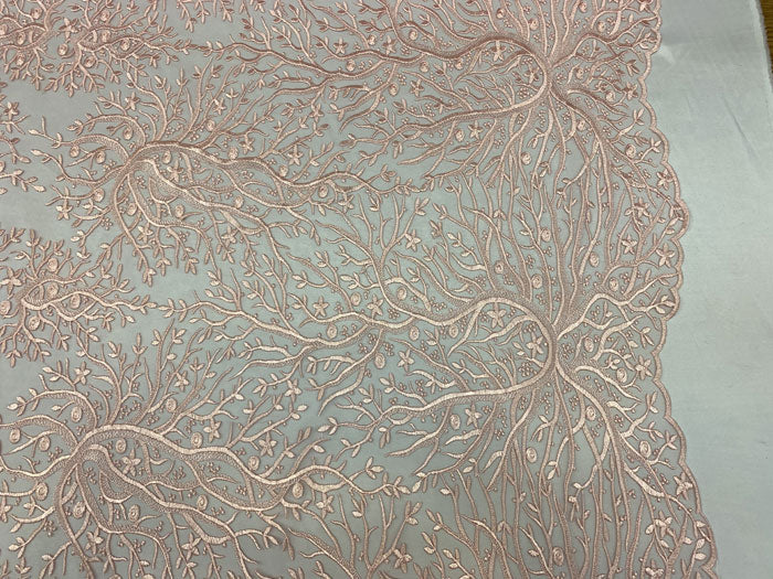Tree Design Floral Embroidered Mesh Lace Fabric Sold By The YardICEFABRICICE FABRICSLight PinkTree Design Floral Embroidered Mesh Lace Fabric Sold By The Yard ICEFABRIC