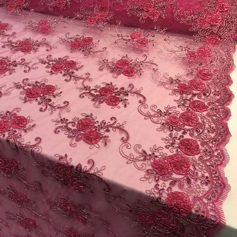 Embroidered Mesh Lace Flower Design With Sequins FabricICEFABRICICE FABRICSFuchsiaEmbroidered Mesh Lace Flower Design With Sequins Fabric ICEFABRIC Fuchsia