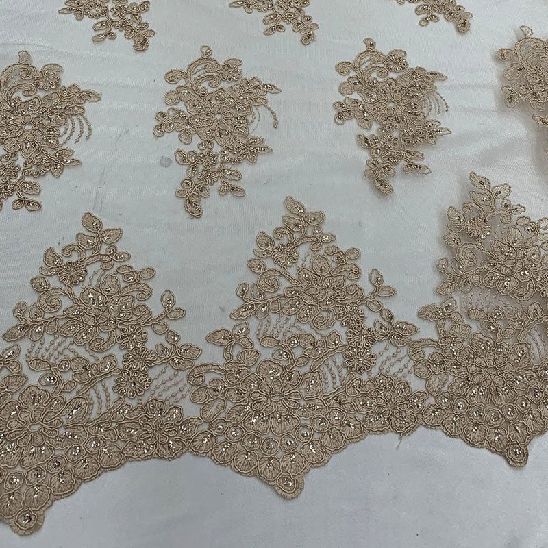 Embroidered Mesh lace Floral Design Fabric With Sequins By The Yard ICEFABRIC Champagne