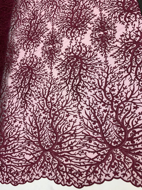 Tree Design Floral Embroidered Mesh Lace Fabric Sold By The YardICEFABRICICE FABRICSMagentaTree Design Floral Embroidered Mesh Lace Fabric Sold By The Yard ICEFABRIC