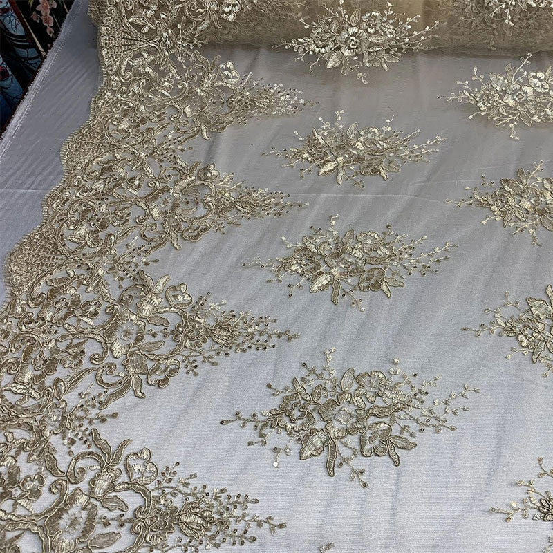 Hand Made Mesh Floral Lace Embroidery Fabric By The Yard ICEFABRIC Champagne