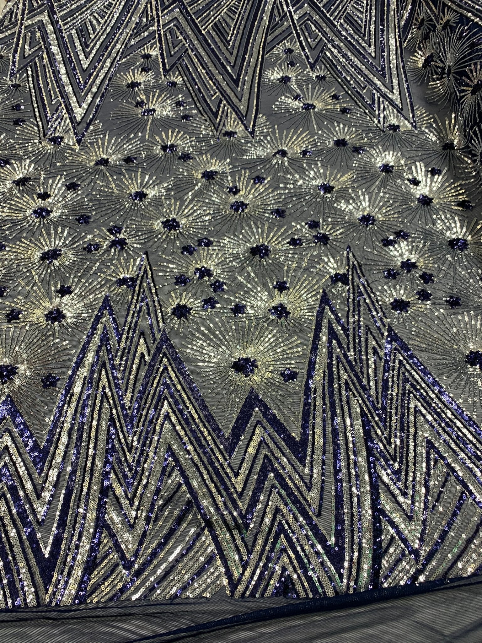 4 Way Stretch Iridescent Geometric Sequin Embroidered Mesh Lace FabricICEFABRICICE FABRICSNavy Blue IridescentBy The Yard (58" Wide)4 Way Stretch Iridescent Geometric Sequin Embroidered Mesh Lace Fabric ICEFABRIC |Navy Blue Iridescent
