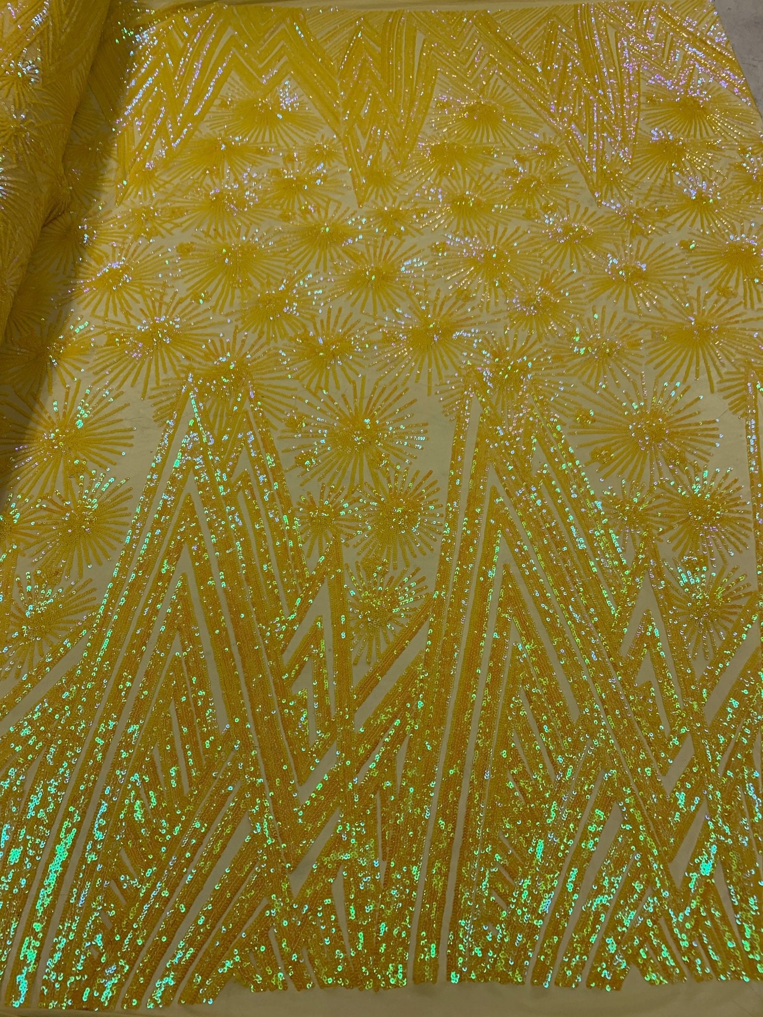4 Way Stretch Iridescent Geometric Sequin Embroidered Mesh Lace FabricICEFABRICICE FABRICSYellow IridescentBy The Yard (58" Wide)4 Way Stretch Iridescent Geometric Sequin Embroidered Mesh Lace Fabric ICEFABRIC |Yellow Iridescent