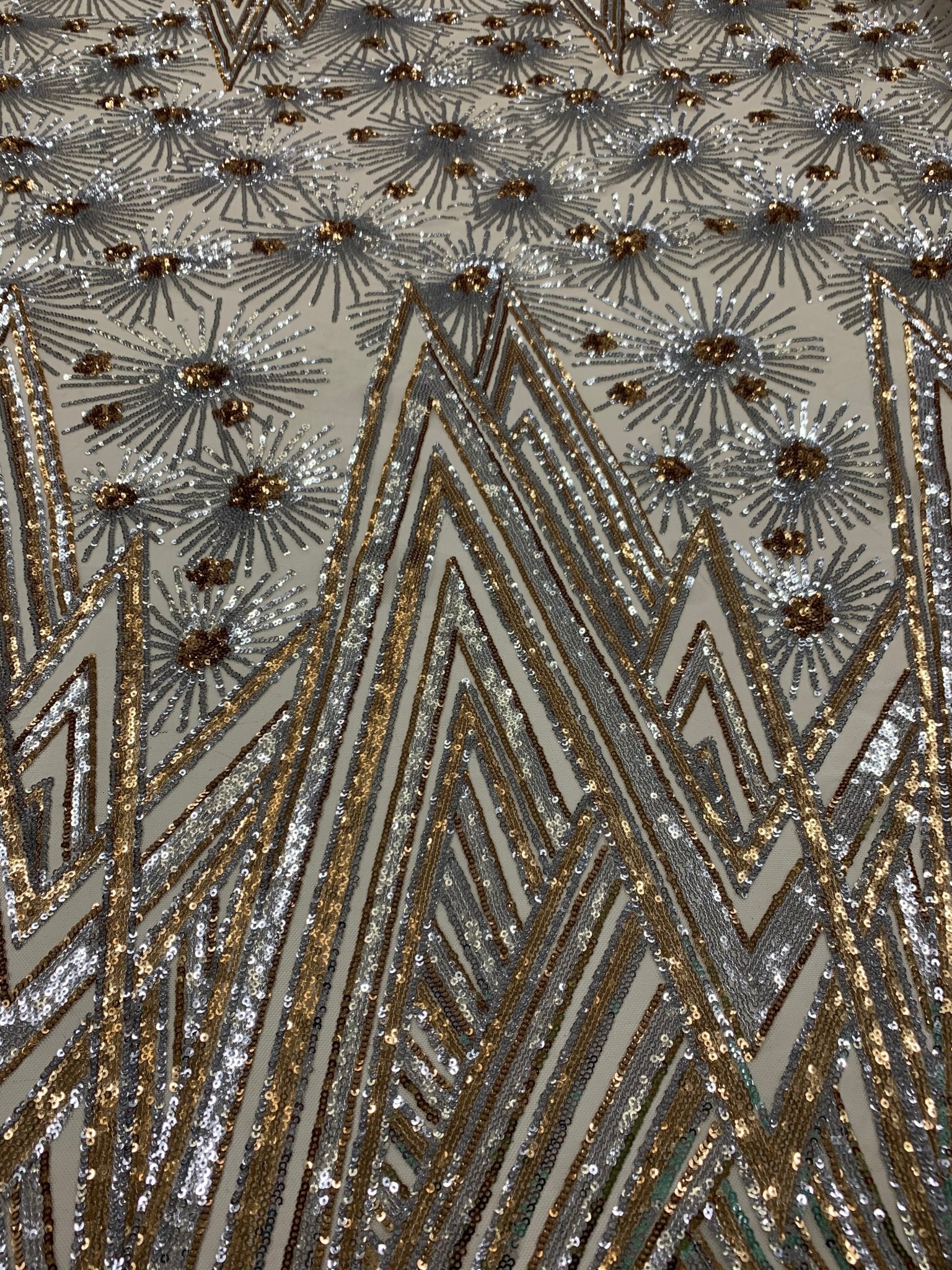4 Way Stretch Iridescent Geometric Sequin Embroidered Mesh Lace FabricICEFABRICICE FABRICSGold IridescentBy The Yard (58" Wide)4 Way Stretch Iridescent Geometric Sequin Embroidered Mesh Lace Fabric ICEFABRIC |Gold Iridescent