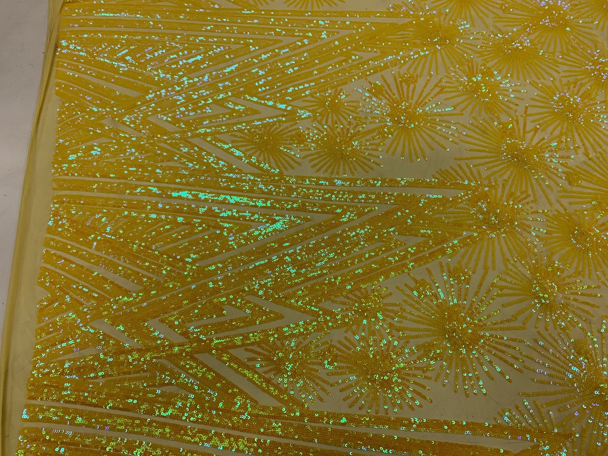 4 Way Stretch Iridescent Geometric Sequin Embroidered Mesh Lace FabricICEFABRICICE FABRICSYellow IridescentBy The Yard (58" Wide)4 Way Stretch Iridescent Geometric Sequin Embroidered Mesh Lace Fabric ICEFABRIC |Yellow Iridescent